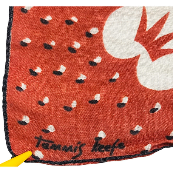 Tammis Keefe Handkerchief Vintage Red White Dots Floral Plants Retro Square READ - Picture 2 of 8